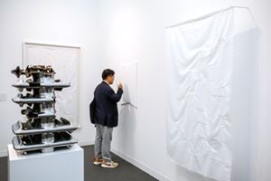 Koh San Keum, Suzanne Song and Max Frisinger. <a href='/art-galleries/gallery-baton/' target='_blank'>Gallery Baton</a>, Frieze London (3–6 October 2019). Courtesy Ocula. Photo: Charles Roussel.